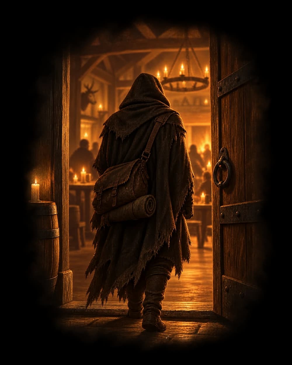 A hooded traveller with a pack and bedroll stands in the doorway of a firelit tavern.
